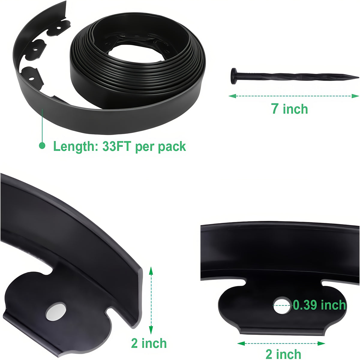 No-Dig Landscape Edging Kit, Flexible HDPE Garden Border with Anchoring Spikes for Flower Beds, Lawn and Pathways, Black or Green with Optional Hammer