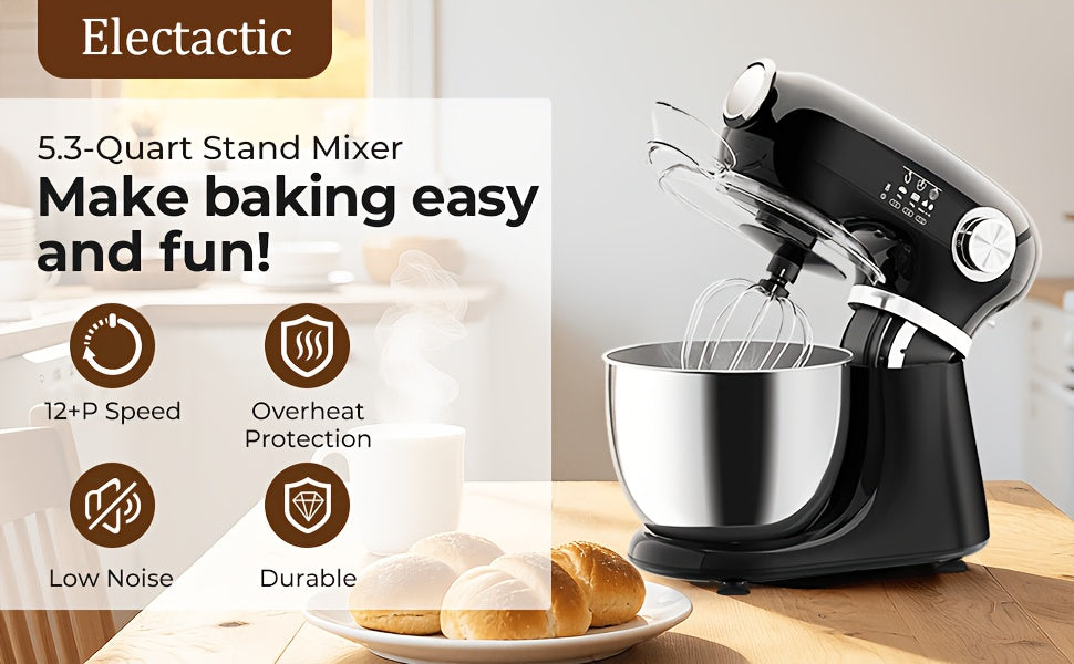 Electric Stand Mixer with Listed 350W Power, 12 Speeds and Pulse Button, Stainless Steel Bowl, Paddle, Dough Hook and Whisk in Grey, Black or Red for Home Baking