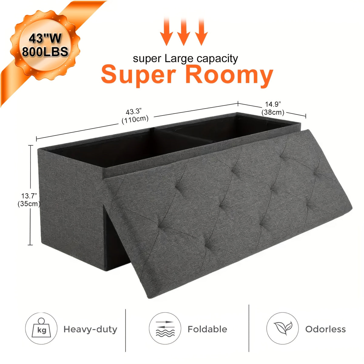 Folding Storage Ottoman Bench in Grey, Padded Seat and Storage Chest with 43-Inch Model Label for Bedroom, Living Room and End-of-Bed Organization
