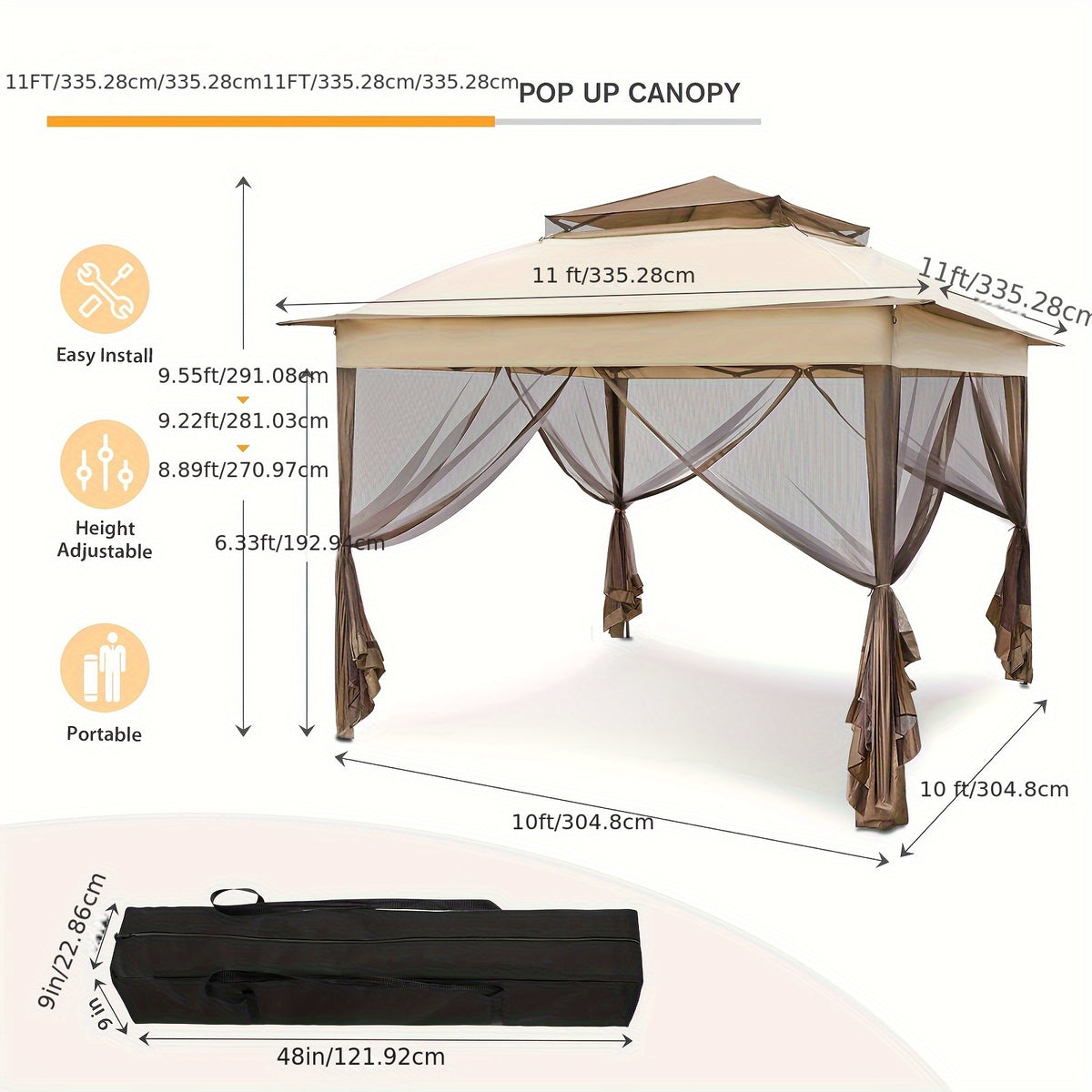 Pop Up Gazebo Tent with Listed Mosquito Netting and Lightweight Frame, Portable Netted Outdoor Canopy for Camping, Backyard Picnics and Poolside Gatherings