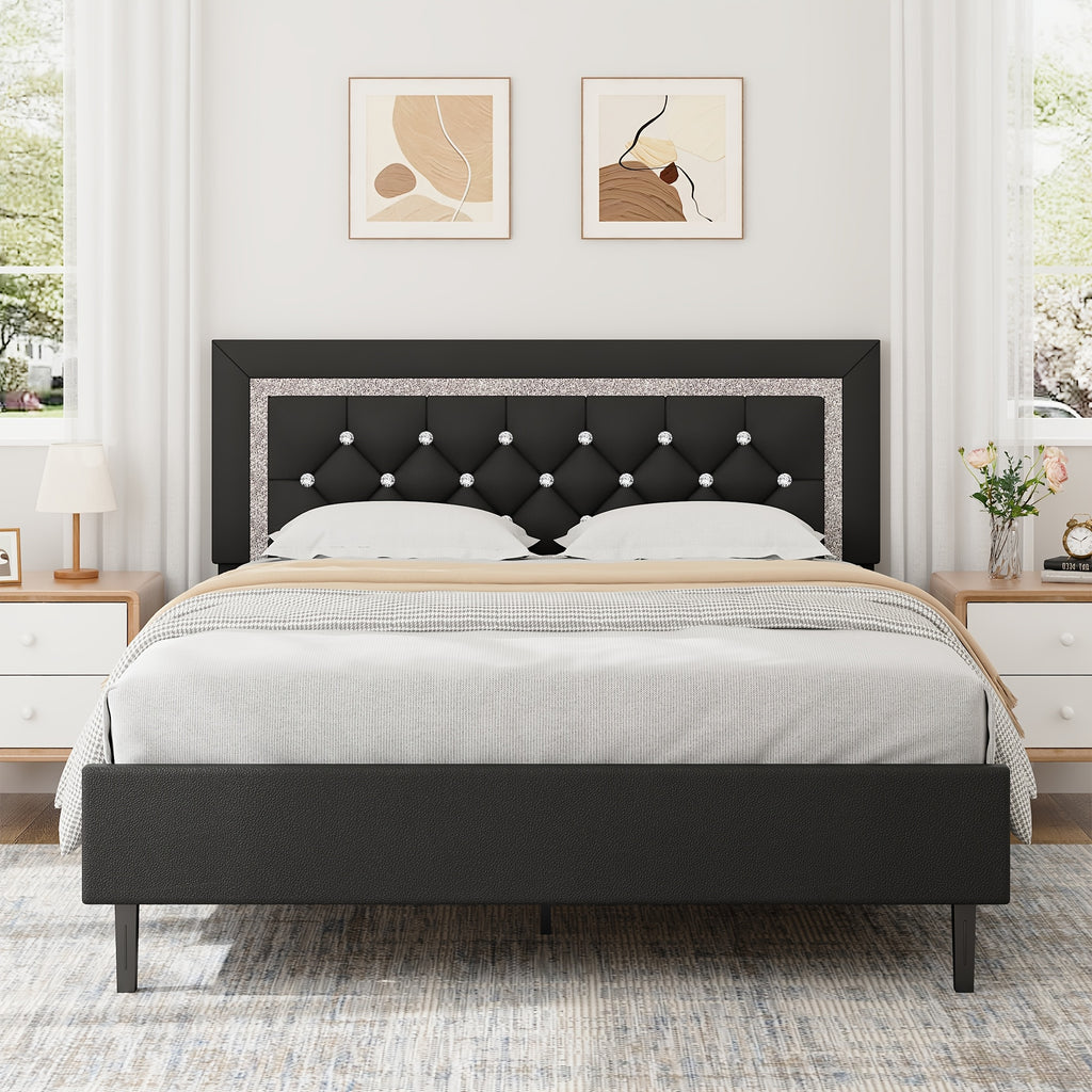 Princess Bed Frame with Diamond Headboard and Wooden Slat Support, Bedroom Furniture in White, Black or Pink with Twin, Full and Queen-1 Size Options
