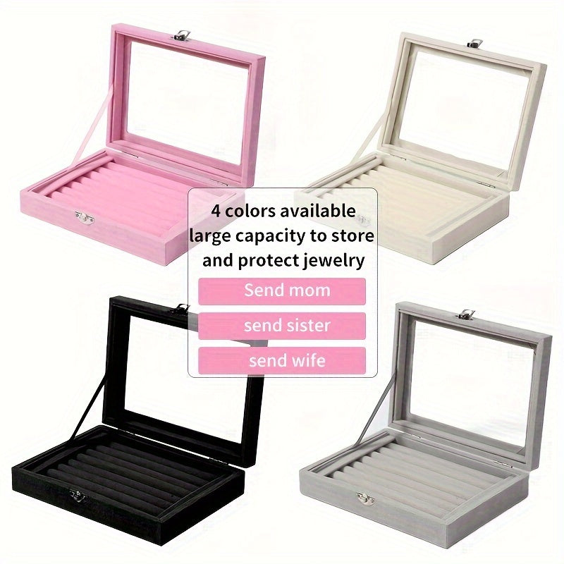 49-Ring Jewelry Storage Box with Glass-Like Plastic Lid and Buckle Closure, Rectangular Ring and Earring Organizer in Gray, Pink, White or Black for Dressers