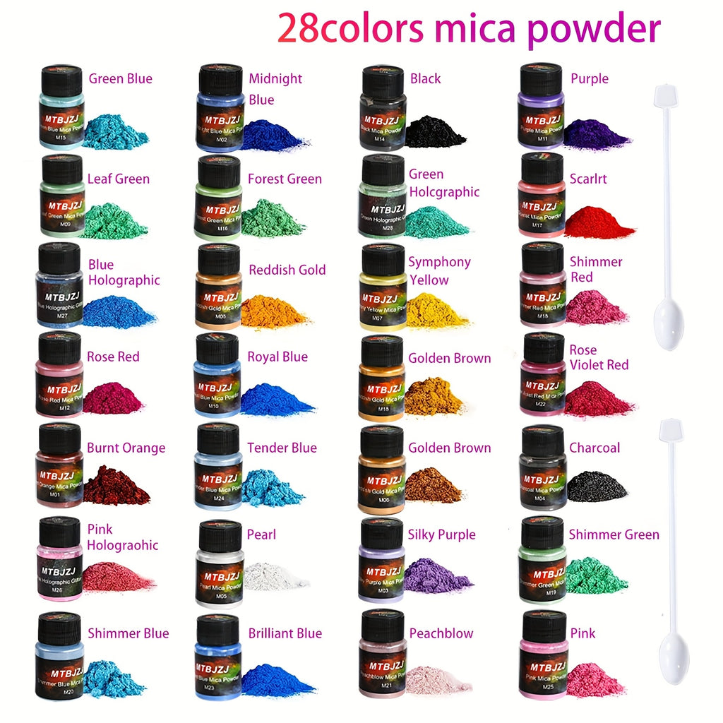 Resin Casting Color Powder Set with Listed 28 Mixed Colors for Compatible Resin Craft Projects, Decorative Jewelry Coloring and Adult DIY Design Practice