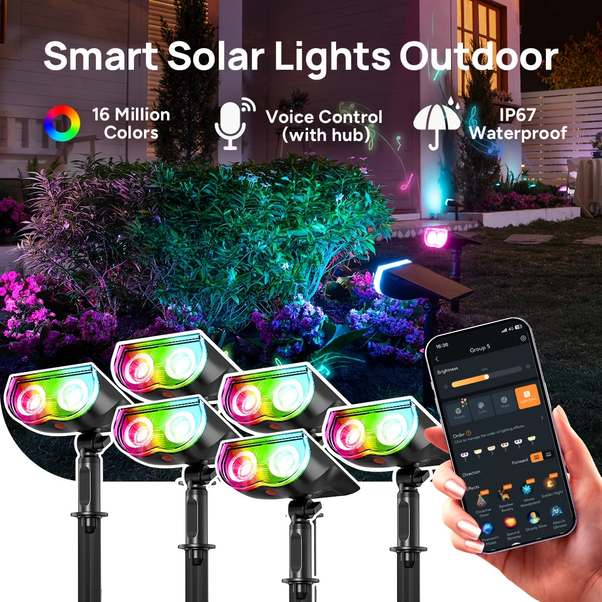 Smart Solar RGB Spotlights with Listed AiDot App Control, Adjustable White Light, Music Sync and Scheduling, Multicolor Two-, Four- or Six-Piece Package Labels