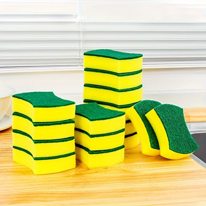 Waist-Shaped Cleaning Sponges in Yellow and Green, 12- or 24-Piece Double-Sided Scouring Pad Options for Compatible Dishwashing and Household Kitchen Cleanup