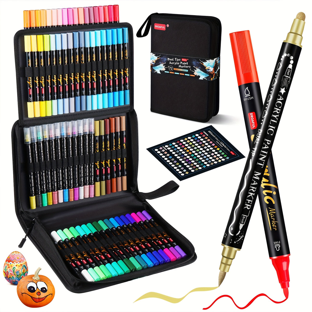 72-Piece Dual Tip Acrylic Paint Marker Set with 60 Classic and 12 Metallic Colors, Brush, Fine and Dot Tip Configurations for Decorative Craft Projects