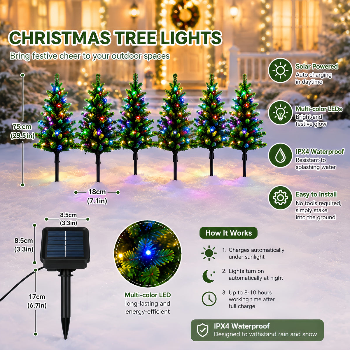 Solar Christmas Tree Stake Lights with DIY Branch Shaping and Separate Multicolor String, LDSDS-LD-5 or LDSDS-LD-10 Model Options for Garden Holiday Displays