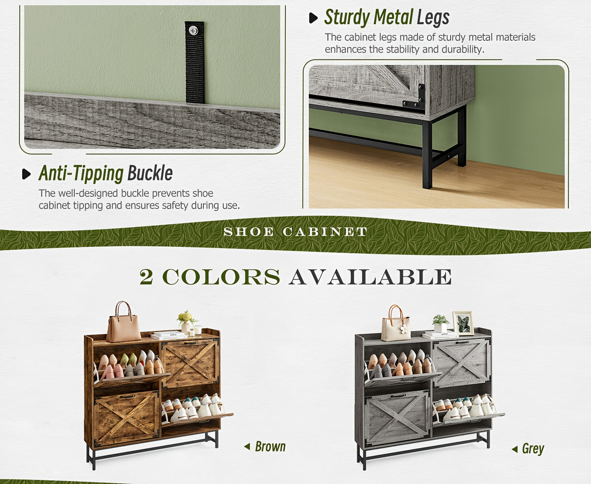 Shoe Storage Cabinet for Entryway and Hallway Organization, Black Upgrade or White Two, Three and Four-Door Options with Listed Flip-Drawer Storage Features