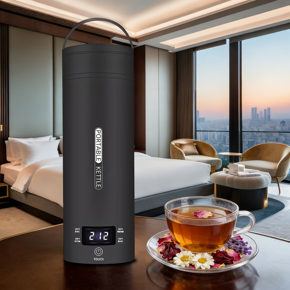 Mini Travel Electric Kettle with Four Temperature Settings and Listed 304 Stainless Steel, Auto Shut-Off and Boil-Dry Protection, White with Sleeve and Pink Sleeve Options