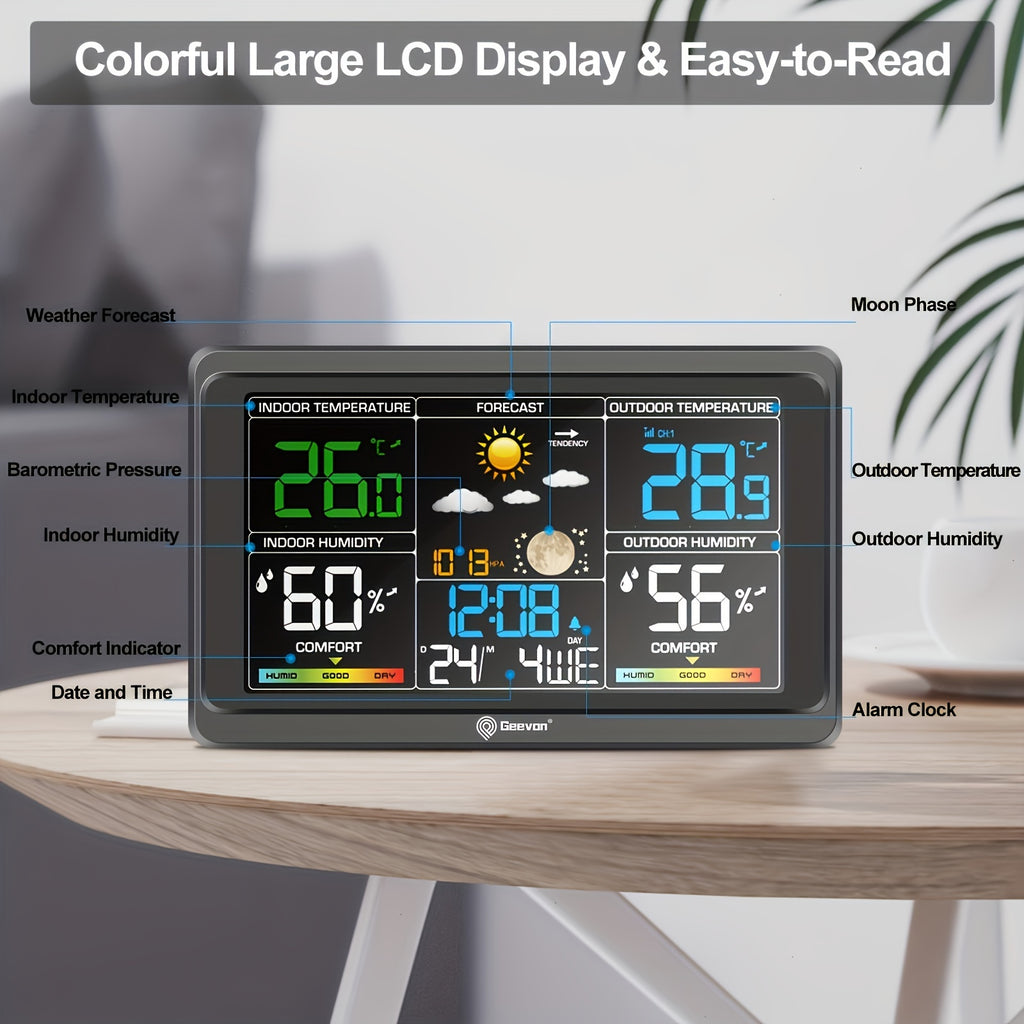 Geevon Color Display Weather Station with Listed 7.6-Inch LCD, Indoor Outdoor Temperature and Humidity, Barometer, Alarm Clock and Adjustable Backlight, Black