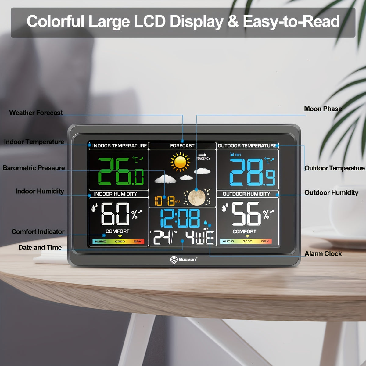 Geevon Color Display Weather Station with Listed 7.6-Inch LCD, Indoor Outdoor Temperature and Humidity, Barometer, Alarm Clock and Adjustable Backlight, Black