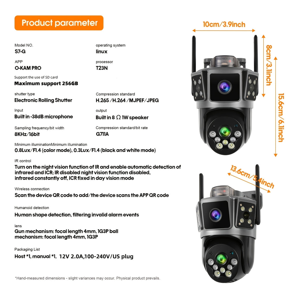 Three-Screen Dual-Lens WiFi Security Camera with Wired DC Power, O-KAM Pro App, 355° Pan and 100° Tilt, Night Vision and Two-Way Audio in White or Grey
