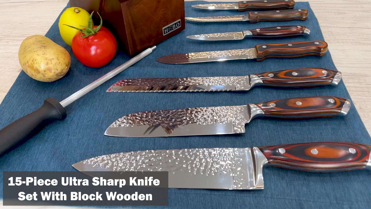 Hammered Kitchen Knife Set in Stainless Steel with Listed Wooden Handles, Storage Block and Sharpener for Home Cooking, 15-PCS or 20-PCS-Black Options