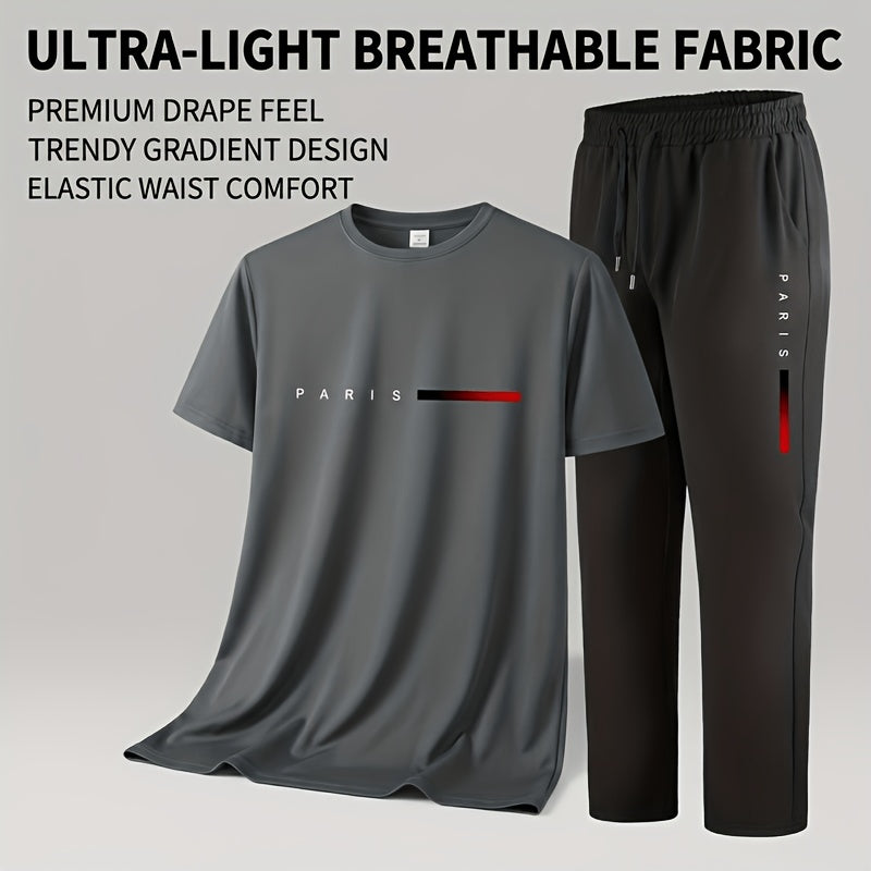 Men's Two-Piece Outfit with Printed Short Sleeve Crew Neck Top and Straight Pants, Seven Color Options and S to XXL Sizes for Casual Spring and Summer Style