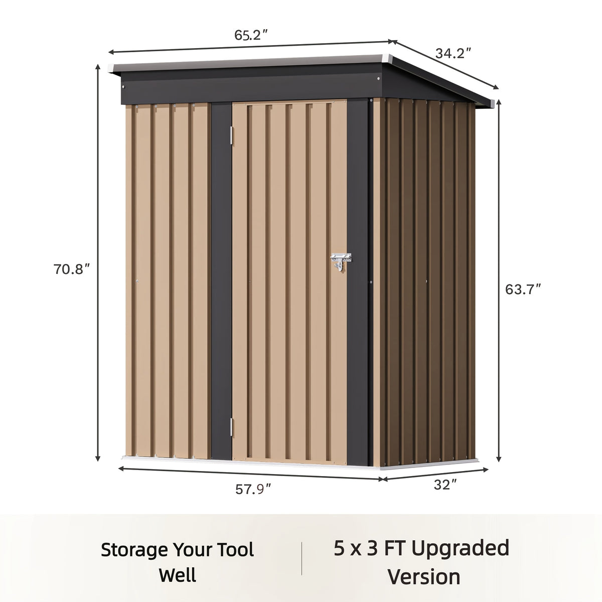 Outdoor Metal Tool Shed in Listed 5 x 3 FT Size, Garden Storage Building with Single Lockable Door and Sloping Roof, Brown, Grey or White Model Options