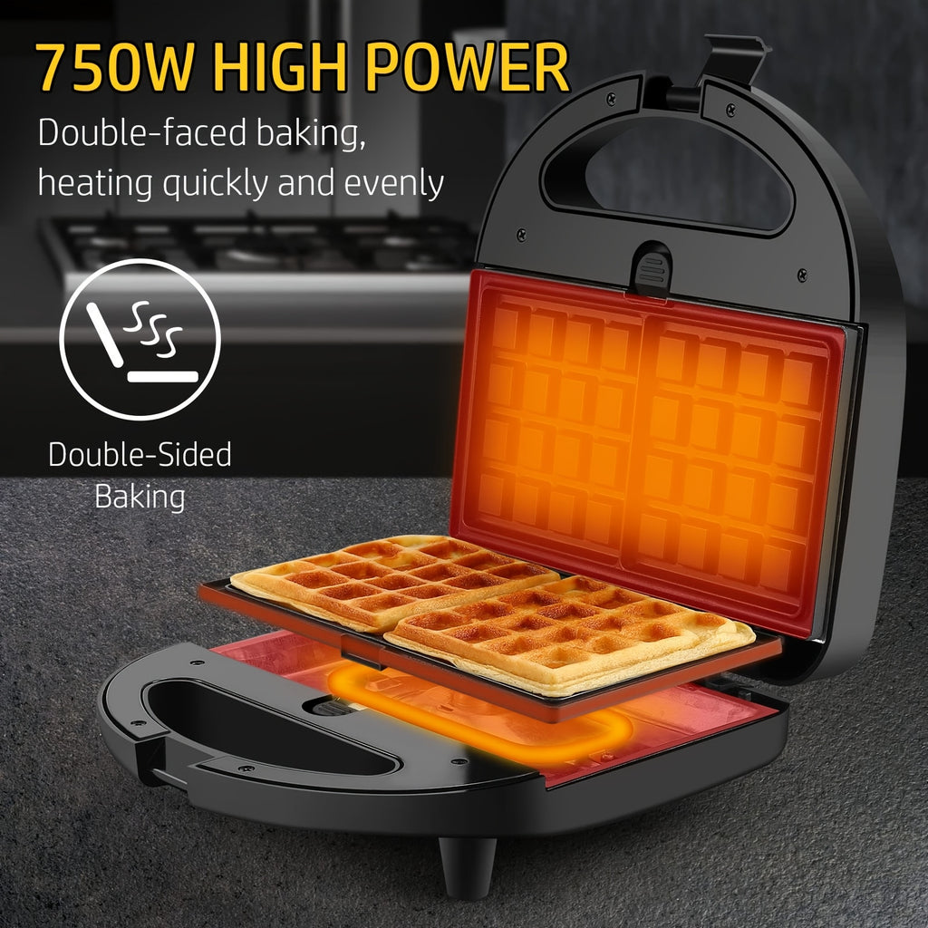 Interchangeable Plate Sandwich Maker by OSTBA, Black 750W 3-in-1 Panini Press and Waffle Iron with Three Removable Nonstick Plate Sets for Home Breakfasts