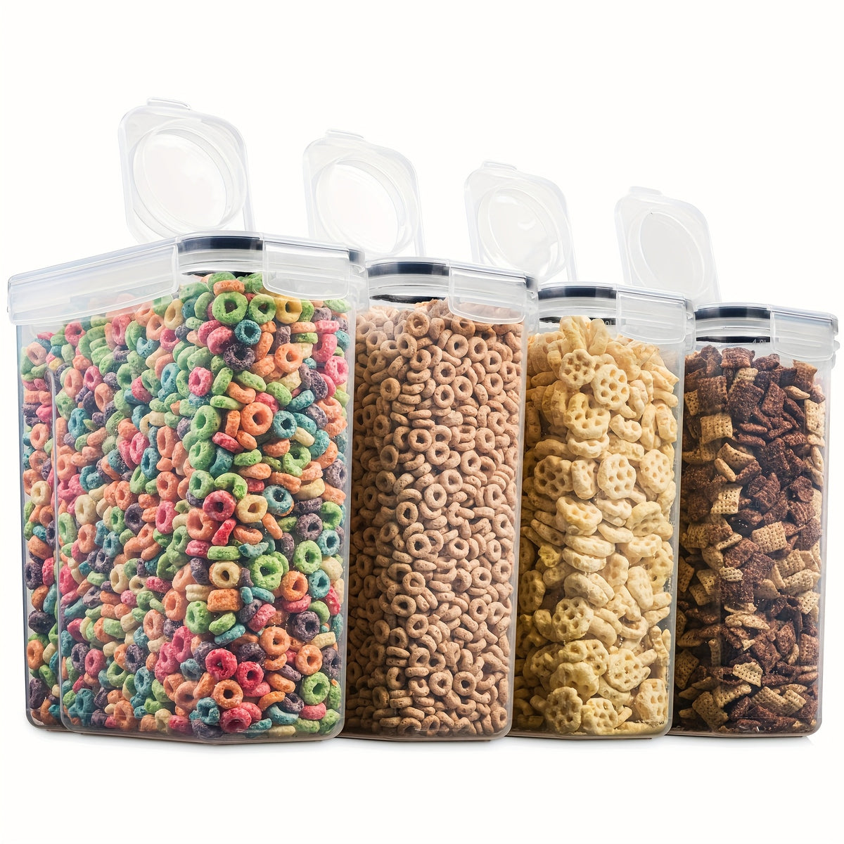 Cereal Storage Containers with Flip-Top Closures, Four Plastic Pantry Containers with Listed 135oz Capacity Each, One Measuring Cup and 20 Labels for Dry Goods