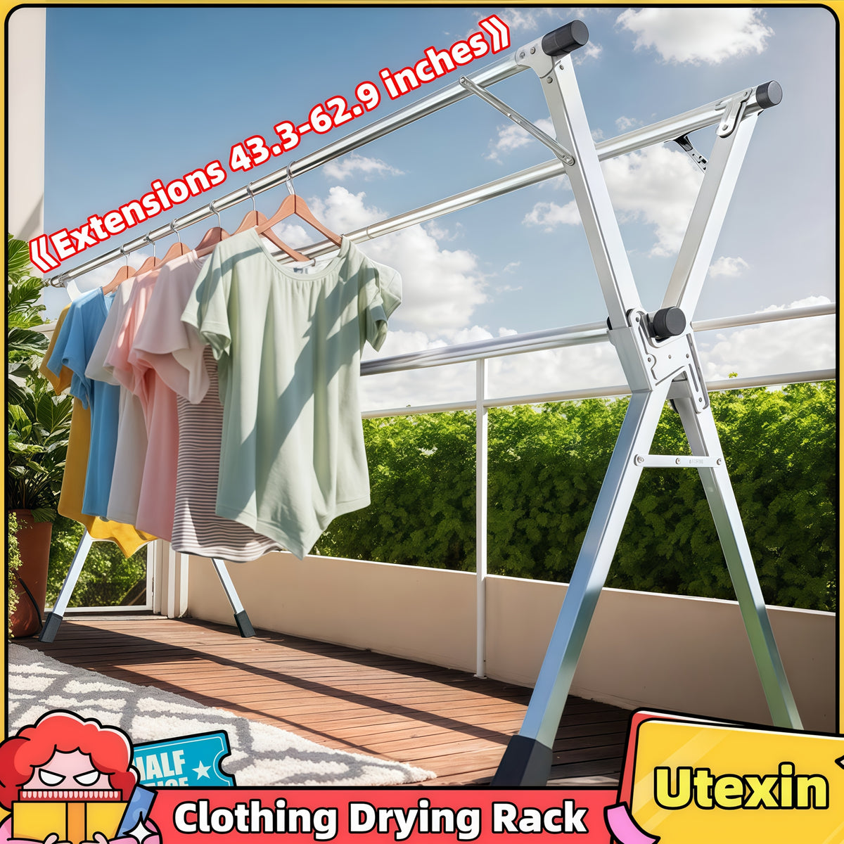 Three-Rod Clothes Drying Rack, Foldable Adjustable Metal Laundry Stand in Three Pole Galvanized Model for Clothing, Blankets and Bedding Air-Drying Routines