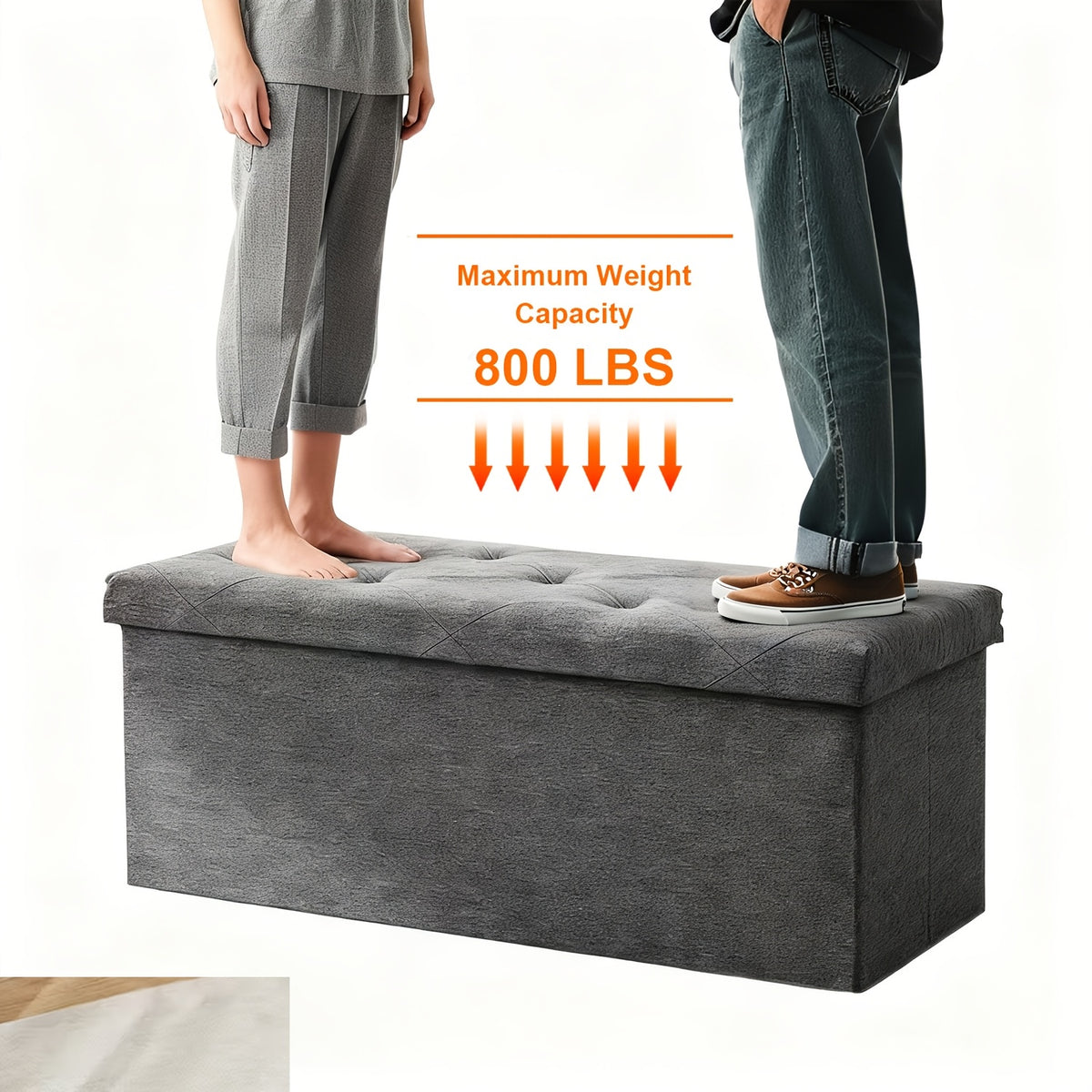 Folding Storage Ottoman Bench in Grey, Padded Seat and Storage Chest with 43-Inch Model Label for Bedroom, Living Room and End-of-Bed Organization
