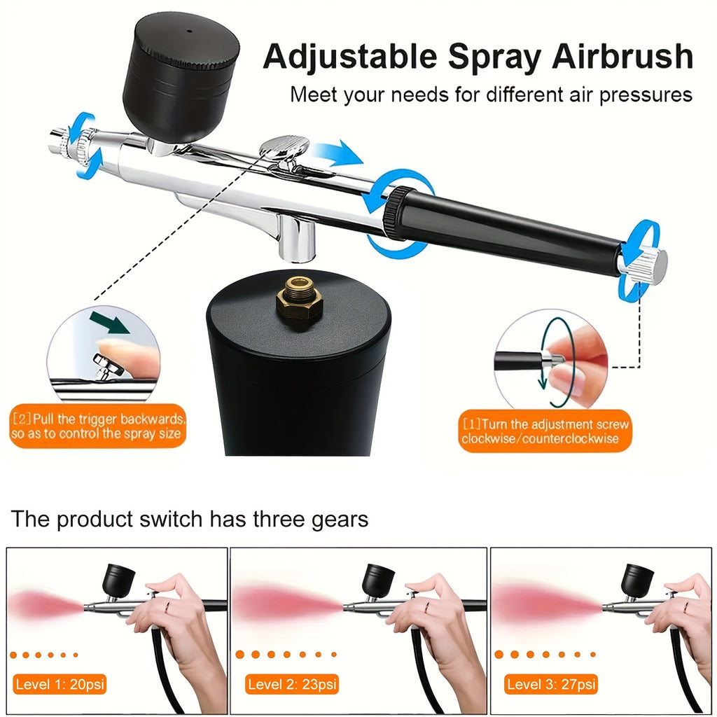 Cordless Airbrush Kit with Compressor, Rechargeable 0.3mm Nozzle with 3 Pressure Settings, Three Paint Cups & Cleaning Brushes for Art and Nail Designs
