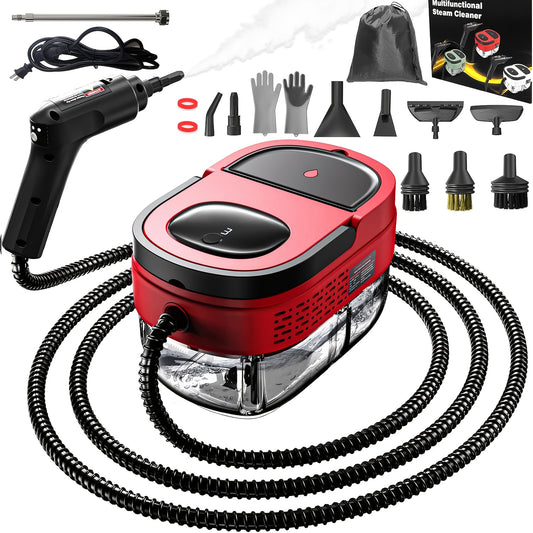 Handheld Steam Cleaner with Listed 1500W Power and 54.1oz Water Tank, Three-Level Handle Control Wording and Red, White or Green Options for Compatible Home Surfaces