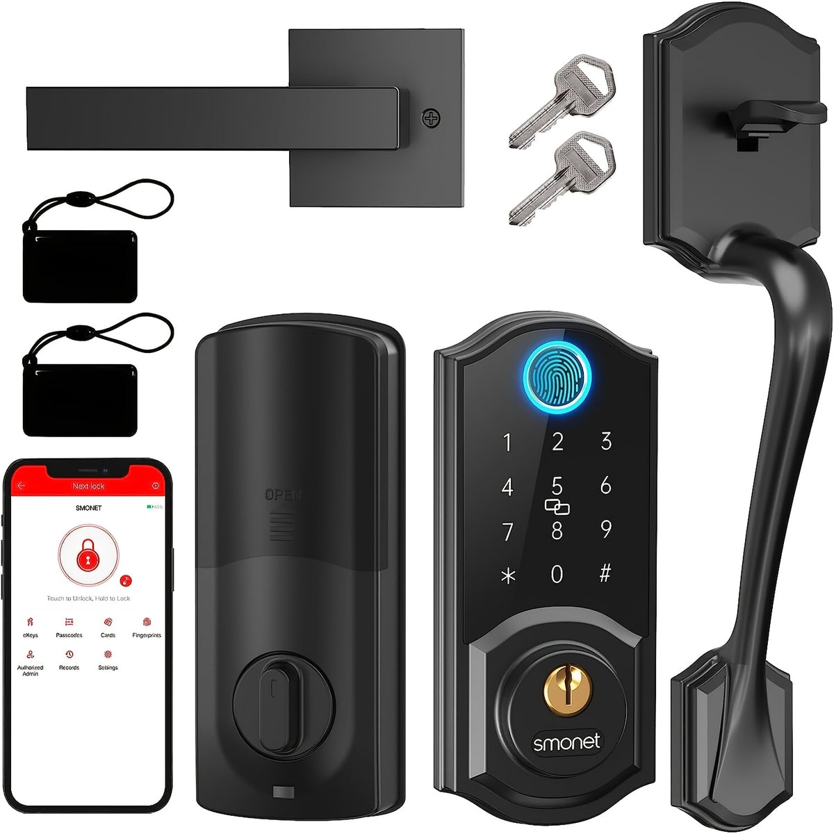 SMONET Fingerprint Deadbolt and Handle Set with Bluetooth, Digital Keypad, Phone App and Auto-Lock Wording, Black, Silvery or Oil Rubbed Bronze Options