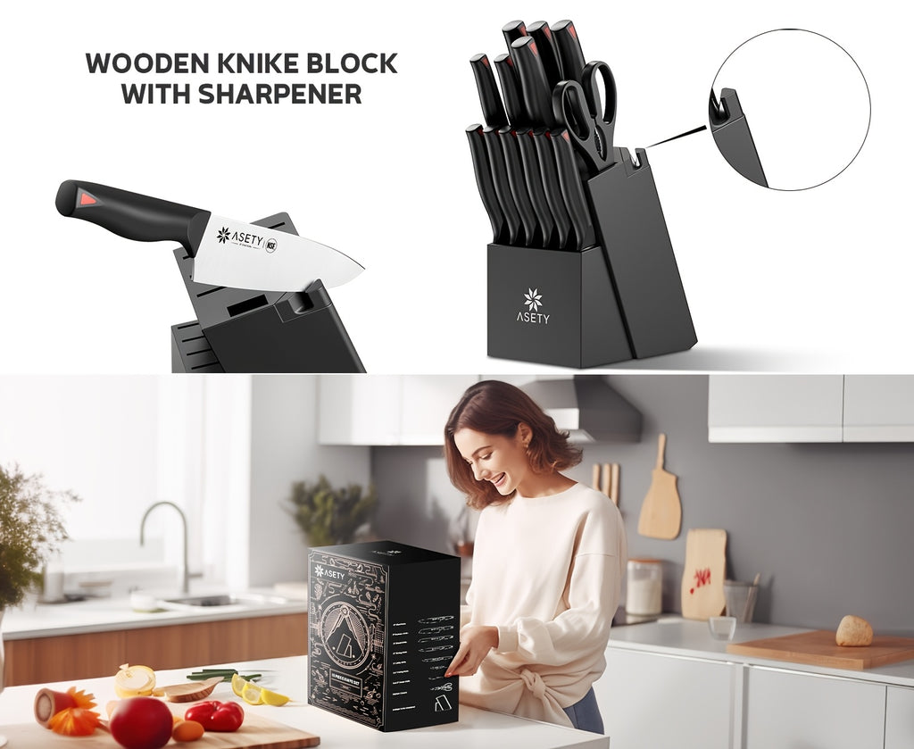 Asety Kitchen Knife Set with PP Handles, 15-Piece Cutlery Selection in Standard or Black Spray Paint Models for Everyday Home Cooking and Ingredient Preparation