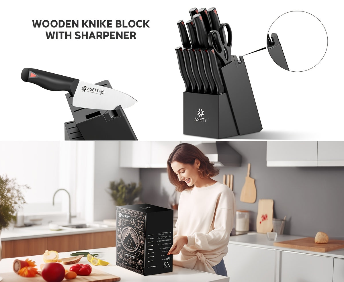 Asety Kitchen Knife Set with PP Handles, 15-Piece Cutlery Selection in Standard or Black Spray Paint Models for Everyday Home Cooking and Ingredient Preparation