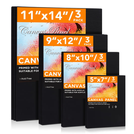 Multi-Size Canvas Panels for Painting with Listed 12-Pack Primed Boards and 11x14, 9x12, 8x10, 5x7 Size References for Artist Practice, Color Studies and Crafts