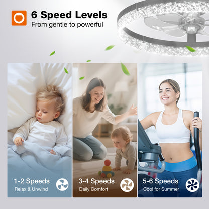 Black Flush Mount Ceiling Fan with LED Light and Remote, Listed 20-Inch Low-Profile Fandelier with Stepless Dimming and 3000K–6000K Lighting for Indoor Rooms