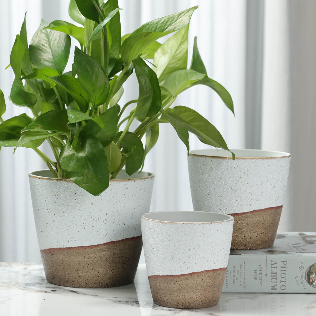 Modern Round Planter Set, Three PolyStone Plant Pots with Listed Polymer Finish in Mixed 4/5/6 Inch or 6.5 Inch Style Options for Indoor and Outdoor Home Decor