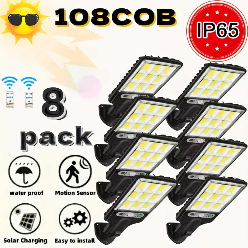 108COB Solar Wall Lights with Remote Control, Motion Sensor and Three Working Modes, 2, 4, 6 or 8-Pack Options for Supplemental Porch and Garage Lighting