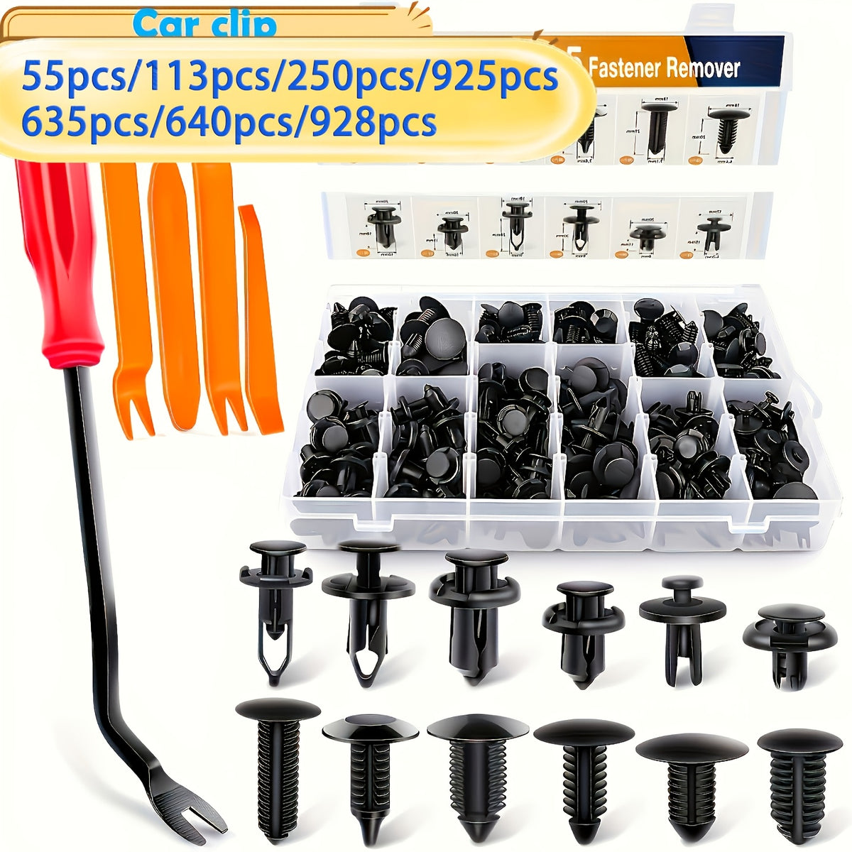Bumper Retainer Clips and Plastic Push Rivet Fasteners for Compatible Car Applications, Seven Quantity Options with Removal Tool References