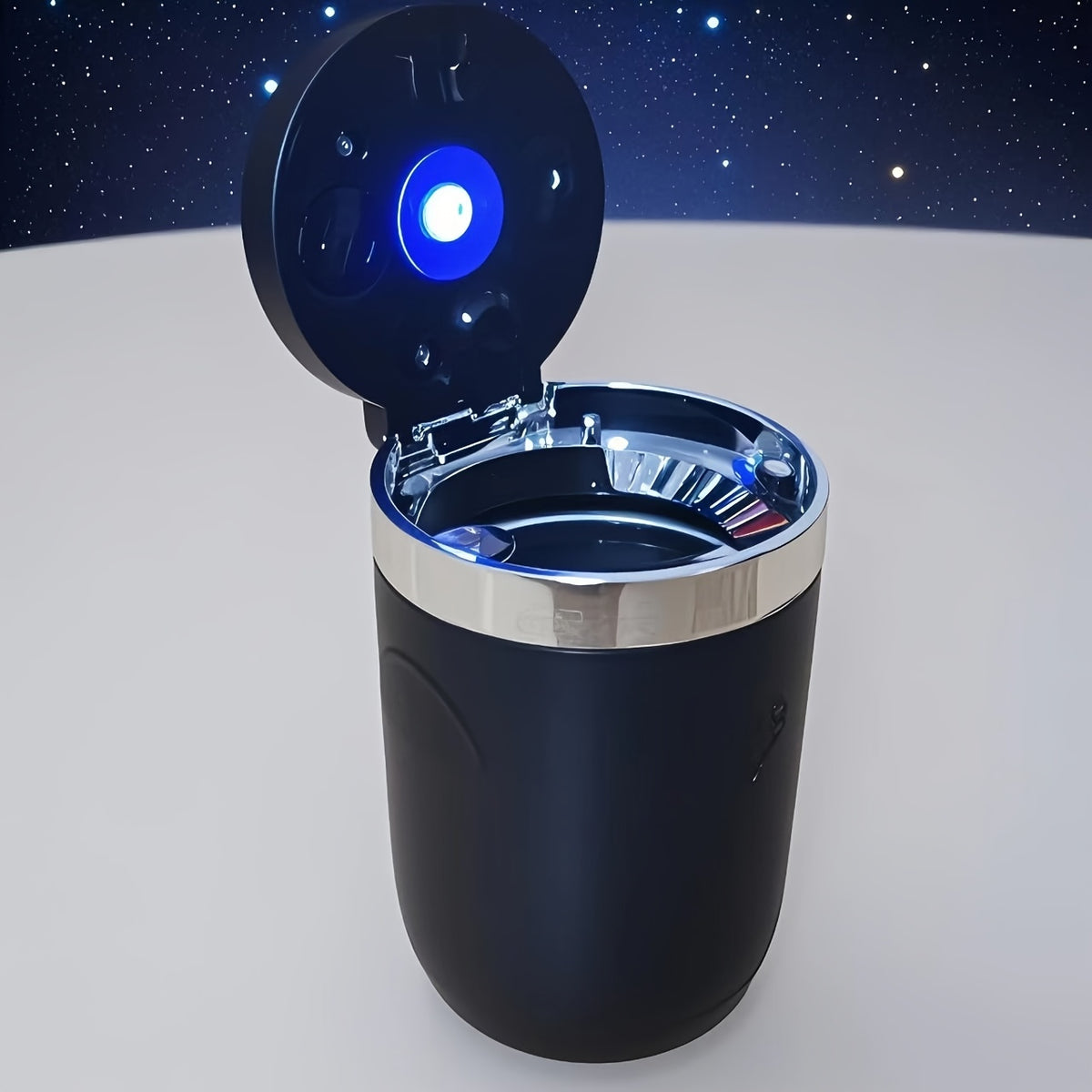 Automatic Car Ashtray with Detachable Cleaning Brushes, Compact Battery-Powered Vehicle Accessory in Black, Blue or Red Single and Paired Option Labels