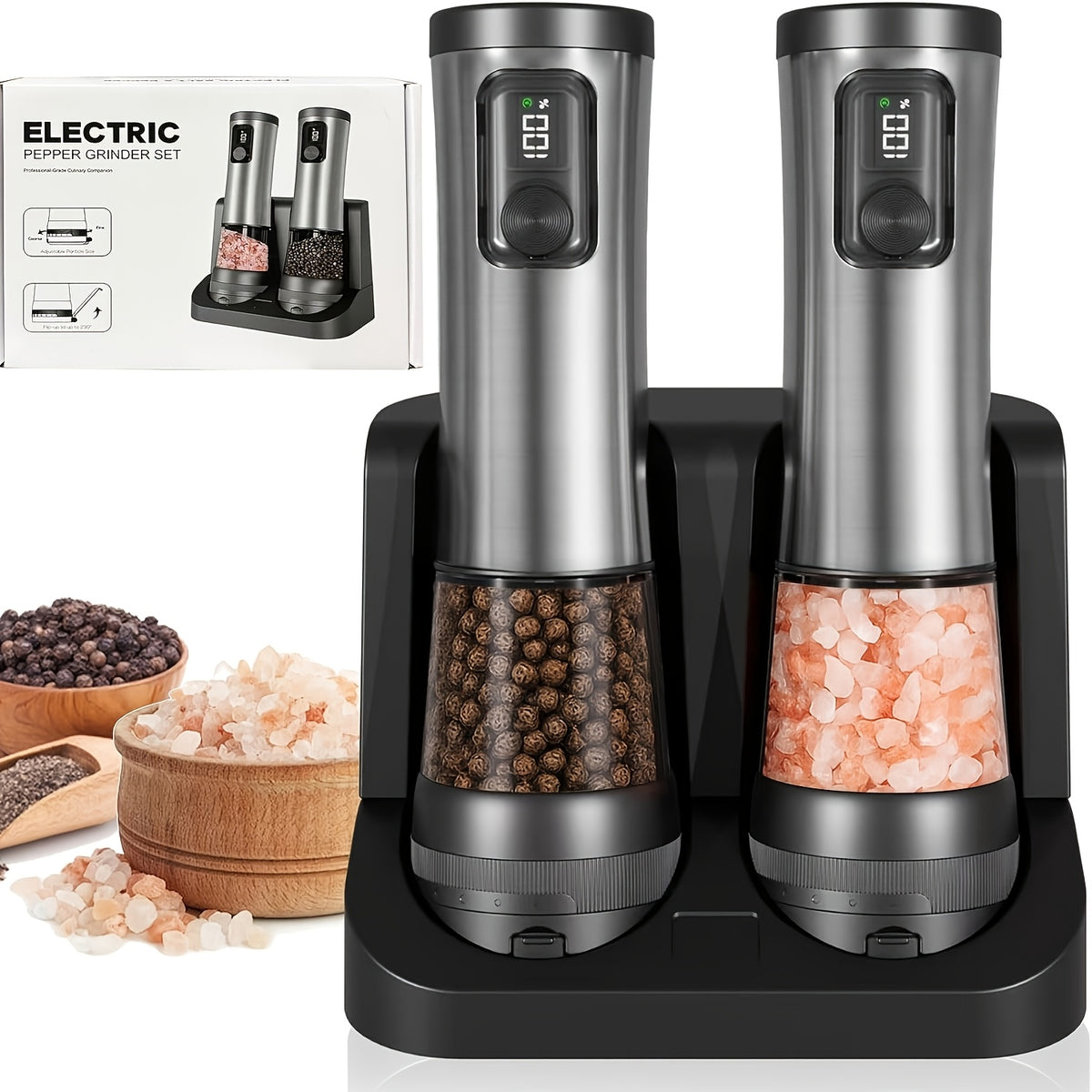 Rechargeable Salt and Pepper Grinder with Adjustable Coarseness and LED Display, 3-in-1 Silvery Black or 6.76oz Double Barrel Options for Kitchen Seasoning