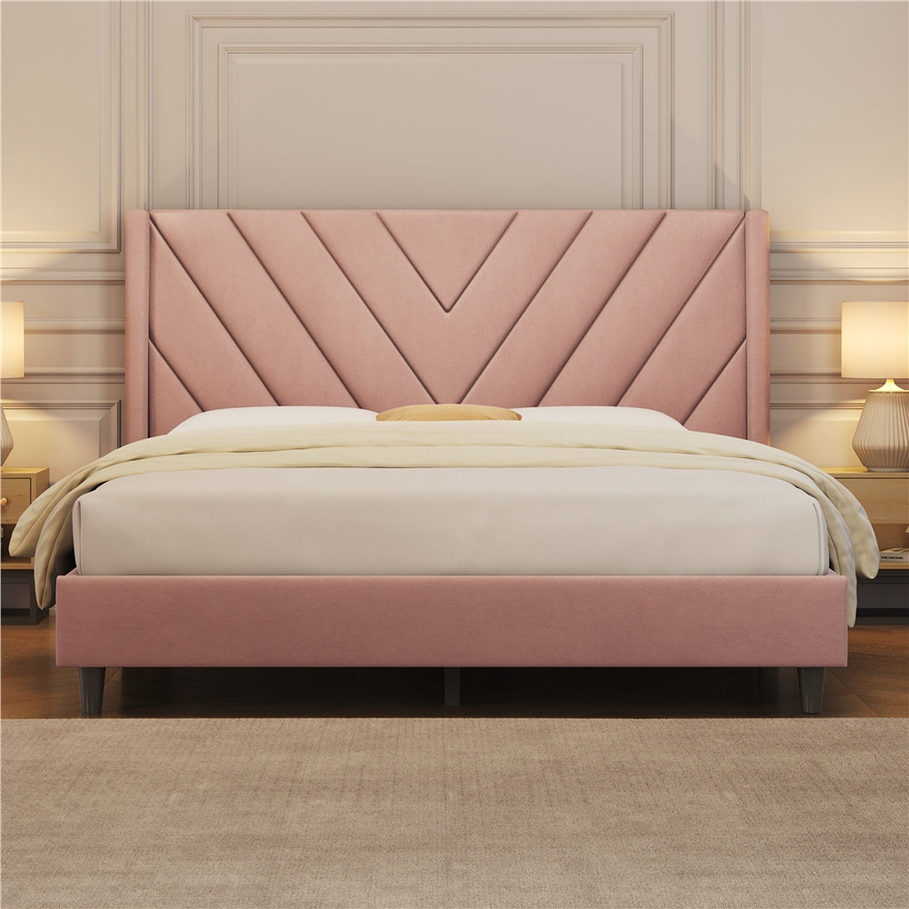 Velvet Platform Bed Frame by Costoffs with Wingback Headboard and Geometric Stitching, Wooden Slat Support, No Box Spring Needed, Twin to King Options