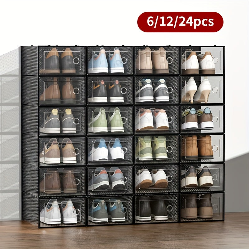 Clear Stackable Sneaker Boxes with Lids, Modular Plastic Shoe Storage Containers in Black or White and 6, 12 or 24 Pack Options for Closet Organization