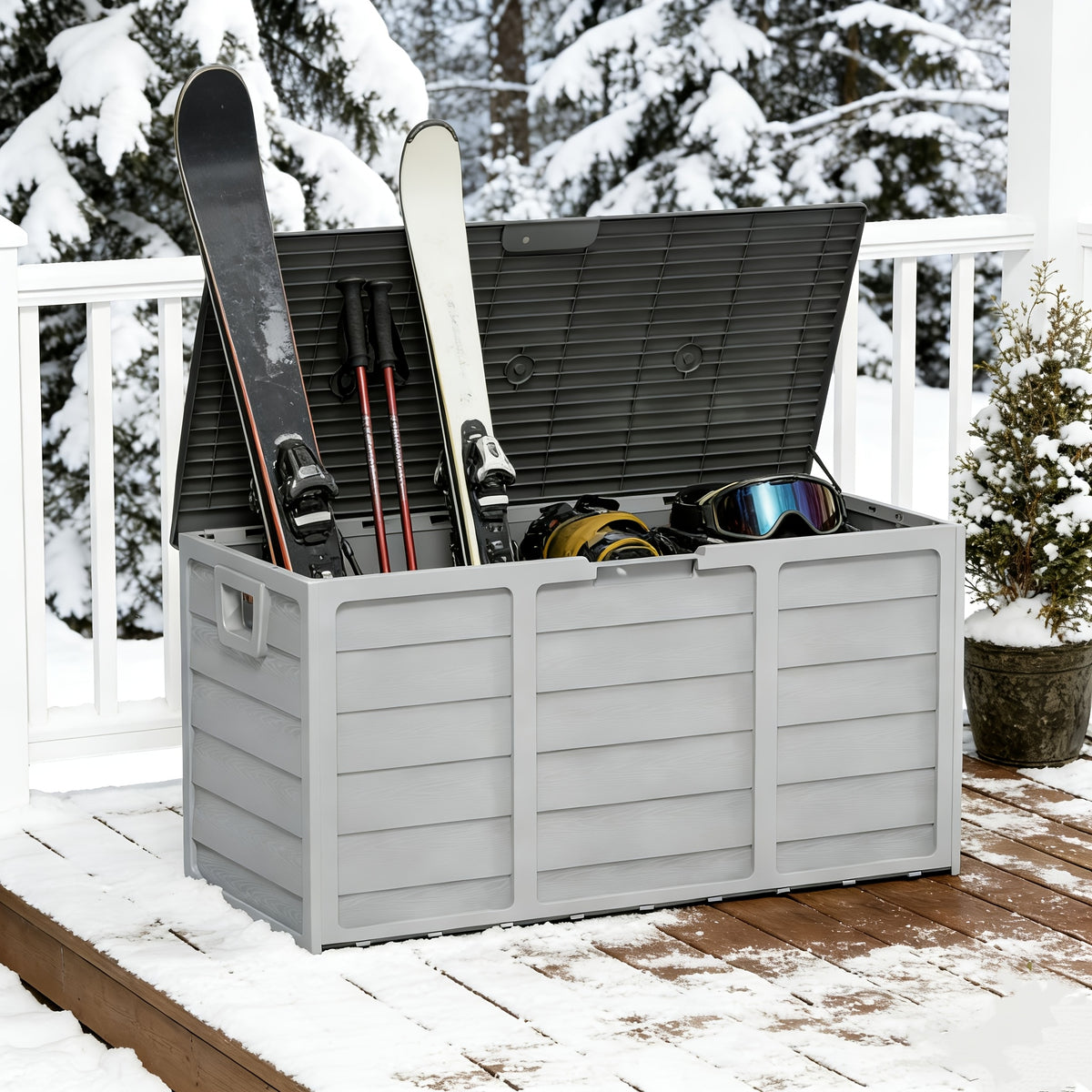 Resin Deck Box with 75-Gallon Capacity and Handles, Gray or Pure Black Outdoor Storage Container for Compatible Patio, Garden and Poolside Essentials