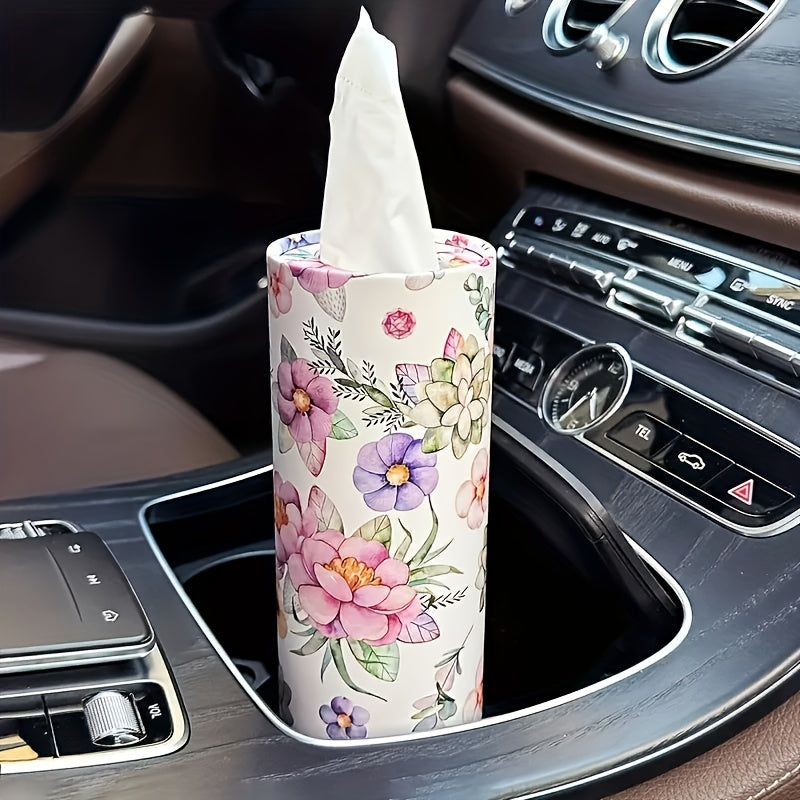 Cup Holder Car Tissue Tubes, Two-Roll Pink and White Floral Facial Tissue Pack in Compact Cylindrical Containers for Vehicle Interior Organization and Daily Use