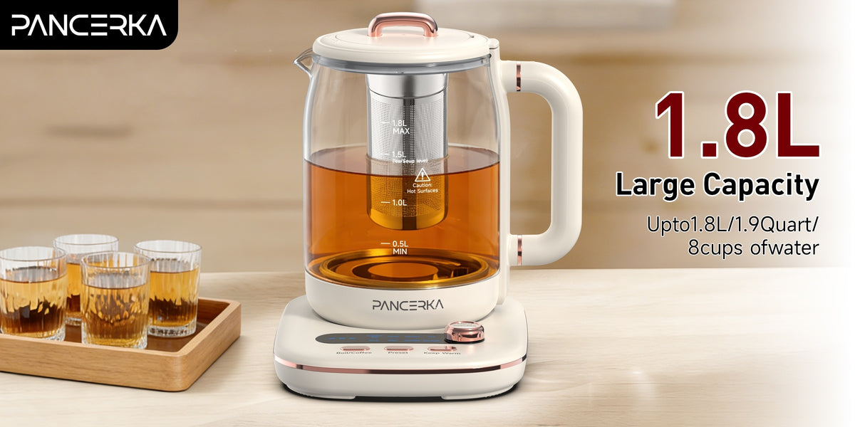 Electric Glass Tea Maker by PANCERKA, 1.8L Multifunction Kettle with Infuser and Detachable Filter in Beige for Home Tea Brewing & Kitchen Use