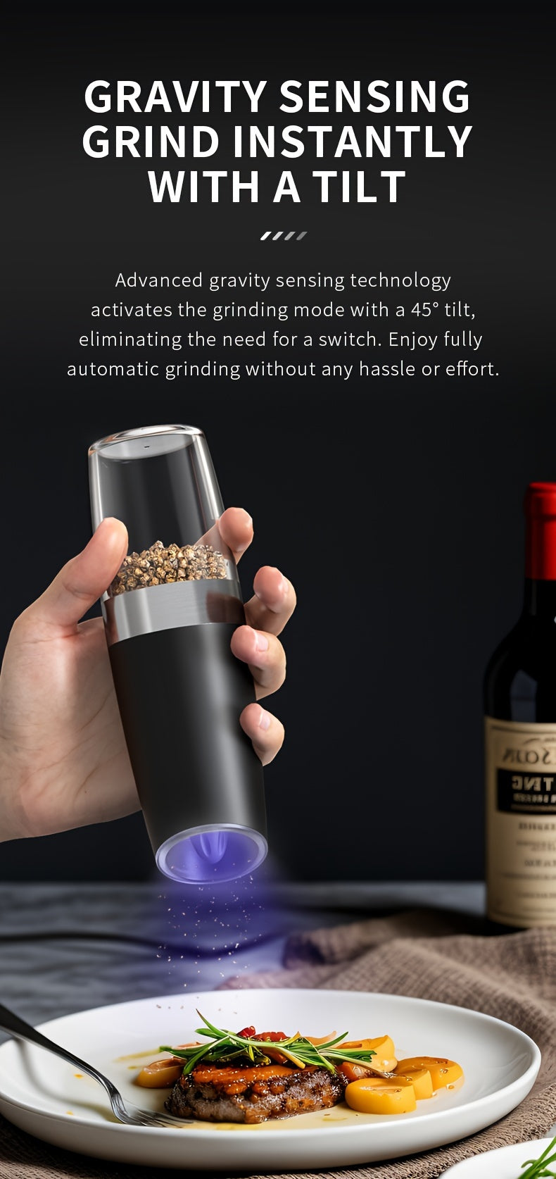 Electric Salt and Pepper Mill with Adjustable Coarseness and LED Light for Kitchen Seasoning, Single or Two-Piece Selections with Gravity-Sensing and USB Option Labels