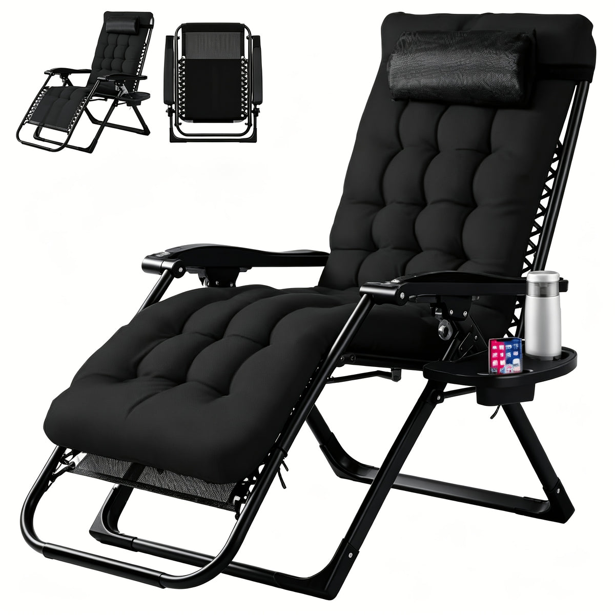Single Zero Gravity Patio Chair with Removable Cushion and Cup Holder Tray, Foldable Outdoor Recliner in Black or Gray for Beach and Poolside Relaxation