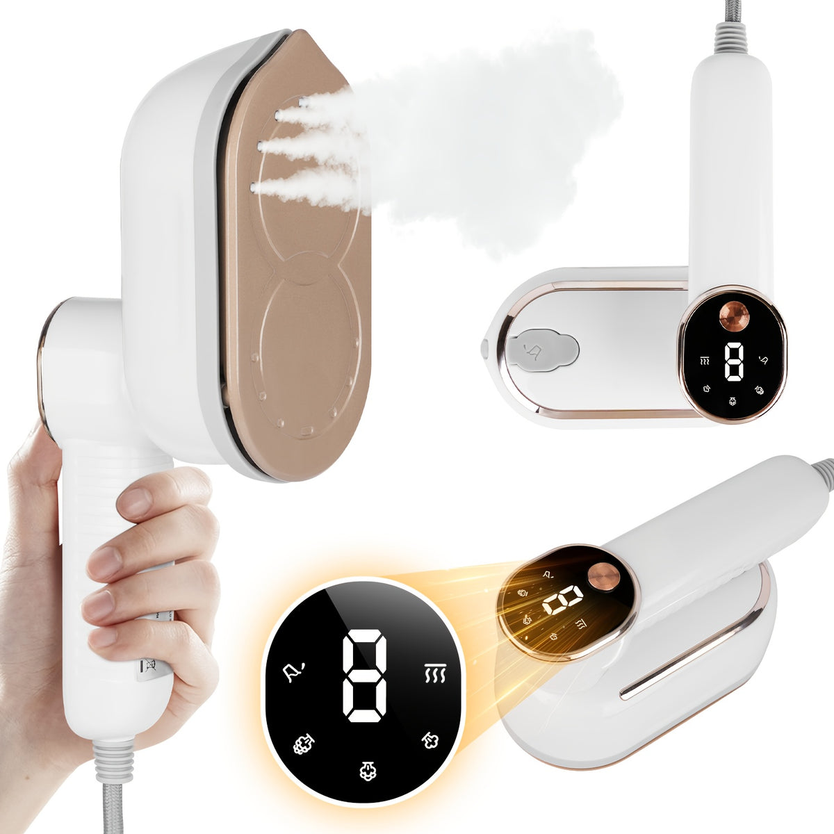 2-in-1 Travel Steam Iron with LCD Display, 1200W Foldable Mini Garment Steamer with 3 Steam Levels, Wet and Dry Modes for Wrinkle-Free Clothes at Home, Office and On the Go, 6oz Tank, White