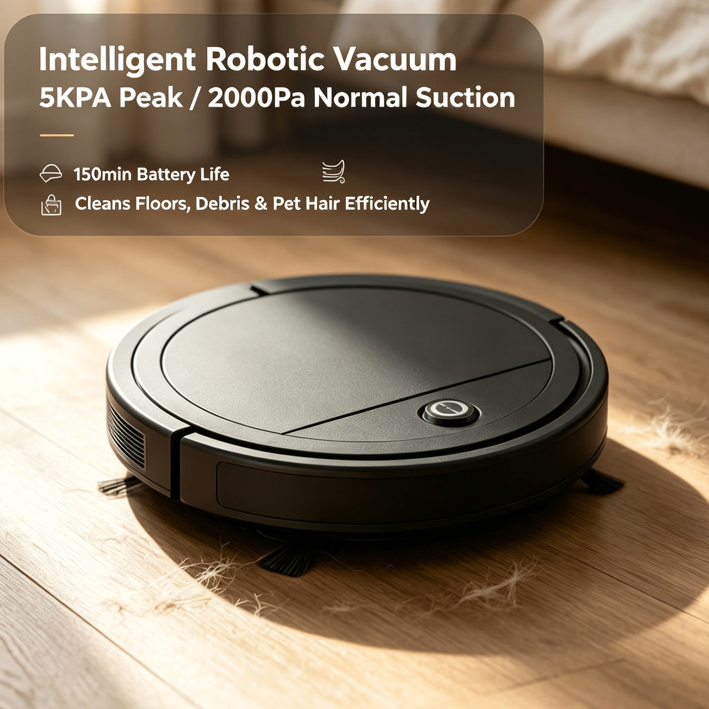 Robotic Vacuum with Listed 8kPa Suction and Smart Cleaning Modes, Black No-Remote Model for Everyday Household Floor Cleaning and Home Care Routines