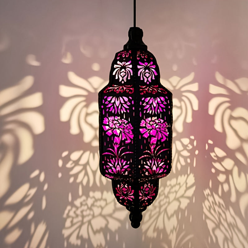 Hexagonal Solar Hanging Lantern, Moroccan-Inspired Hollow Iron Garden Light with Floral Pattern Projections and Automatic Night Lighting for Patio and Porch Decor
