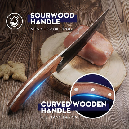 Viking Style Chef Knife with Sheath and Listed Sourwood Handle, Approximately 7-Inch High Carbon Steel Blade for Meat and Vegetable Prep, Camping Cooking and BBQ