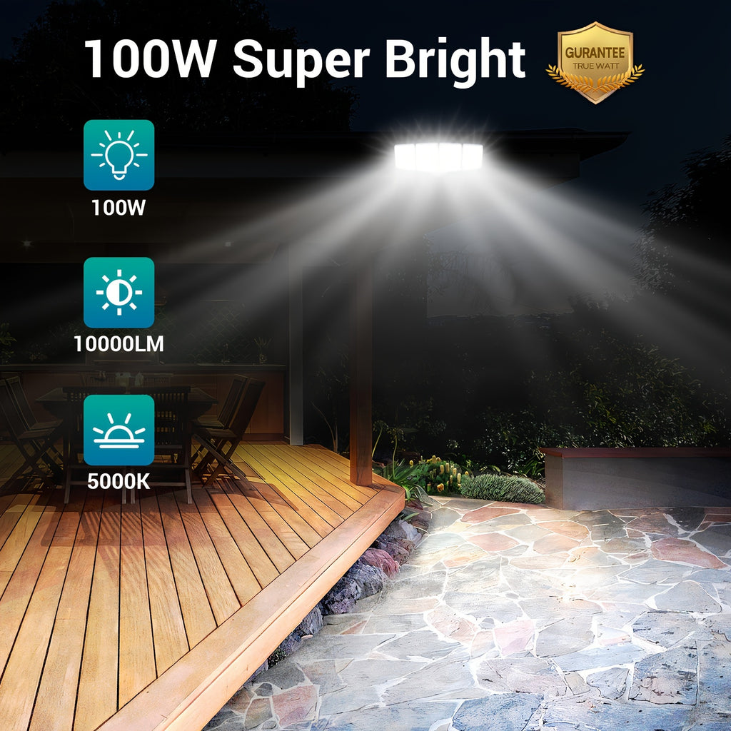 Hardwired LED Security Floodlight by USTELLAR, 100W 10000lm 5000K White Four-Head Outdoor Light with Adjustable Heads and Wall-Switch Control for Eaves and Backyards