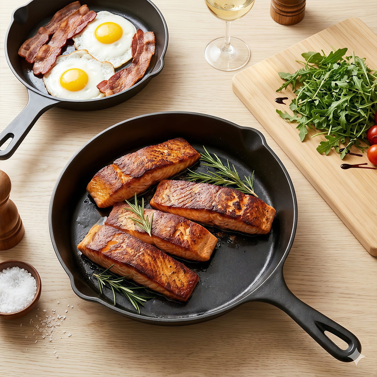 Cast Iron Skillet Set, 3-Piece Pre-Seasoned Round Pans with Handles for Stovetop Meals, Steak and Omelette Cooking, Camping and Compatible Grill Use