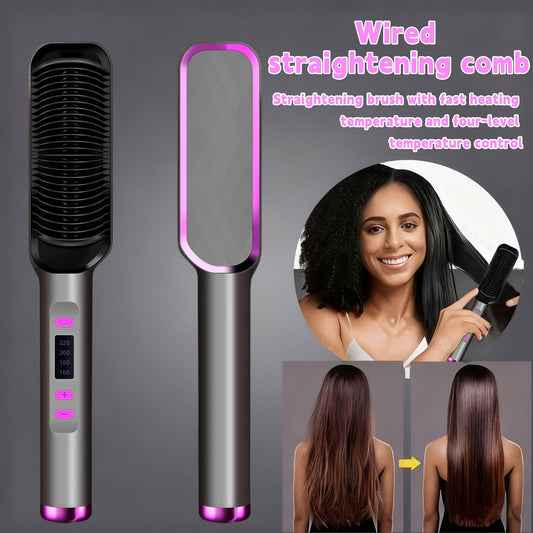 Wide-Tooth Heated Hair Straightening Brush with Three Listed Temperature Settings and 30–60-Second Heat-Up Wording, Upgraded Black, Pink or Gray Styling Options