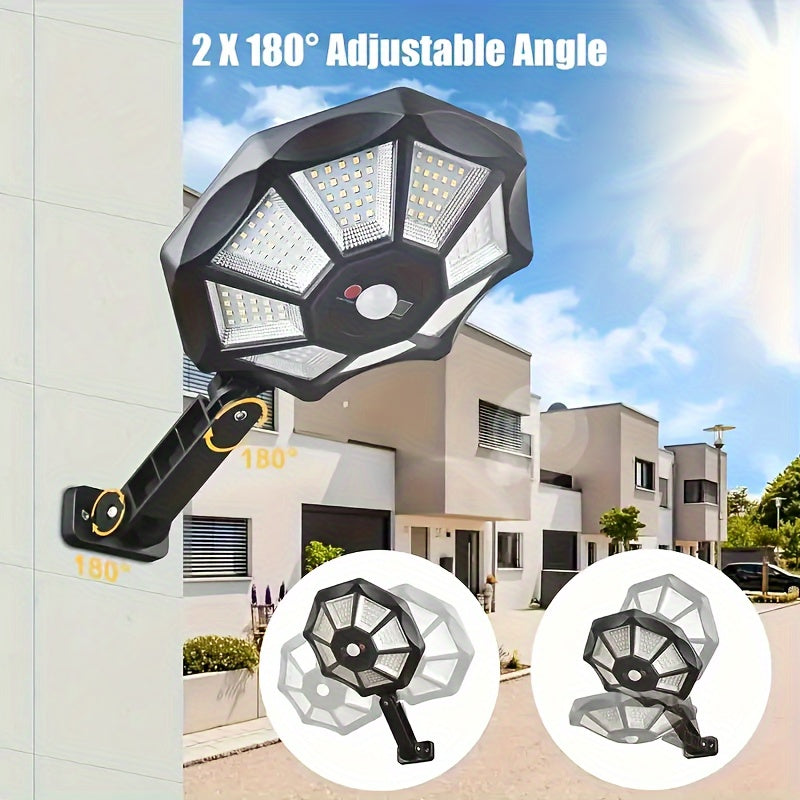 Octagonal Solar Motion Sensor Wall Lights, 2-Pack with 168-LED Design, 6500K Cool White Light, Remote Control and Three Lighting Modes for Yard and Barn
